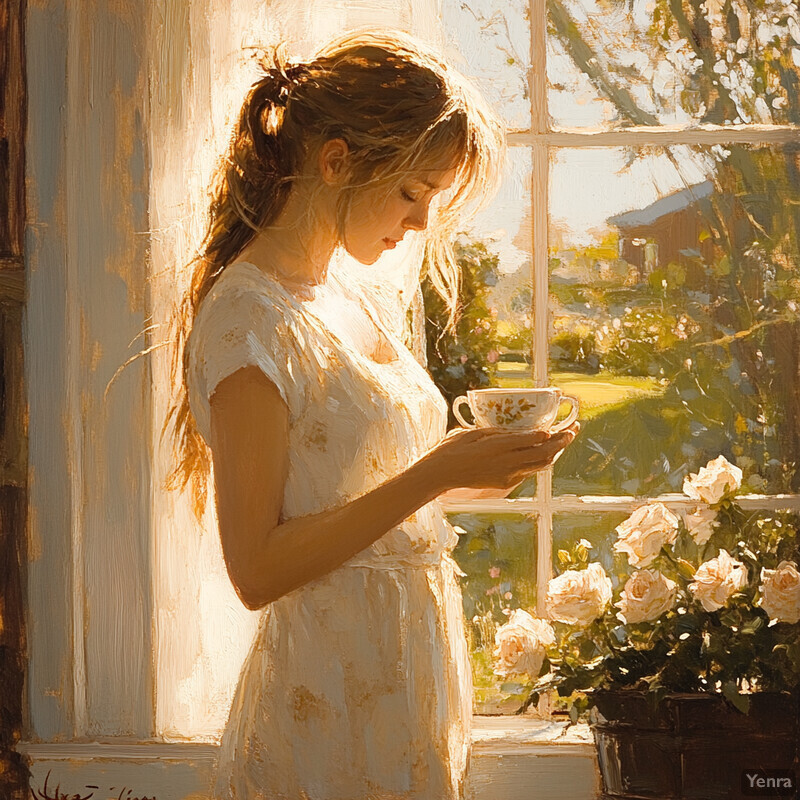 A woman standing by a window, holding a teacup and gazing out at the lush greenery outside.