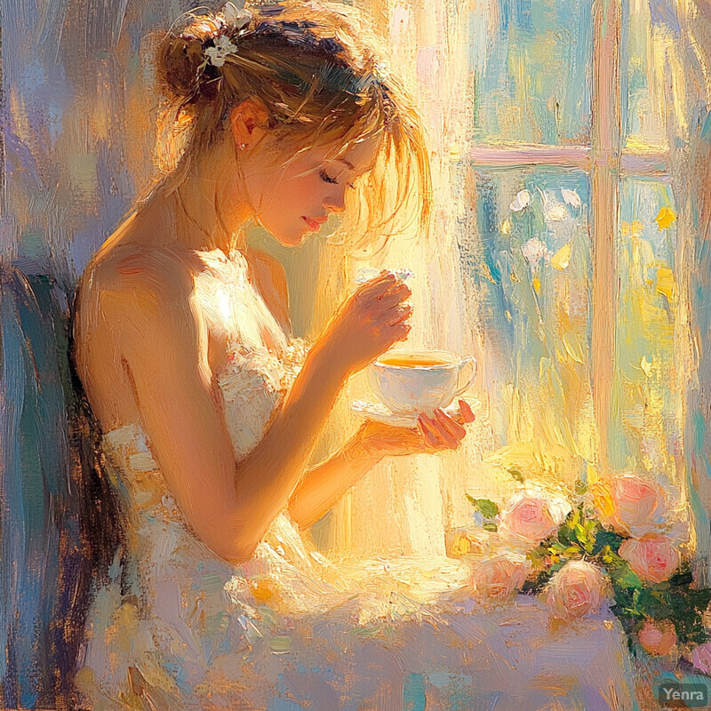 A woman sits by a window, sipping tea and surrounded by roses.