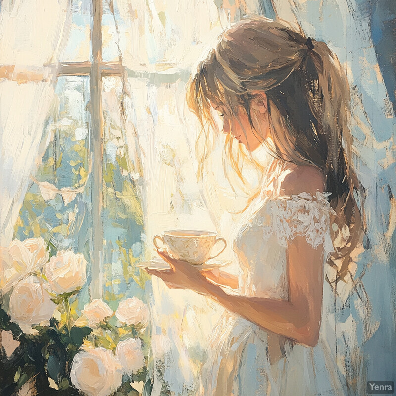 A serene scene of a woman holding a teacup and saucer, surrounded by roses, with natural light pouring in through the window behind her.