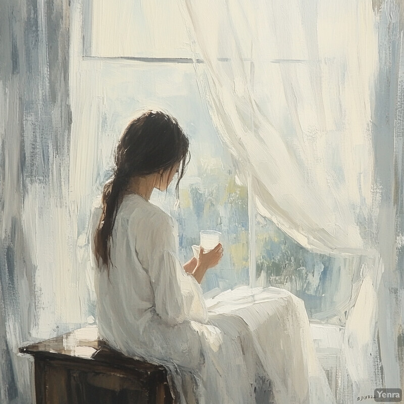 A serene scene of a woman sitting on a bench, gazing out of a window.