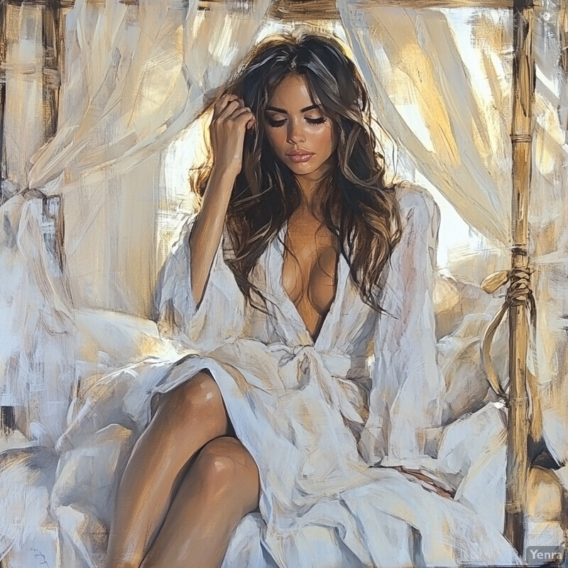 A serene and intimate portrait of a woman in a white robe sitting on a bed