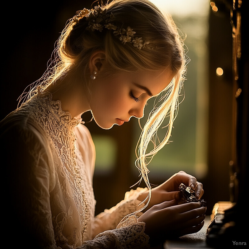 A young woman with blonde hair and a white lace dress holds a small black object in her hands, gazing downwards in a dimly lit room.