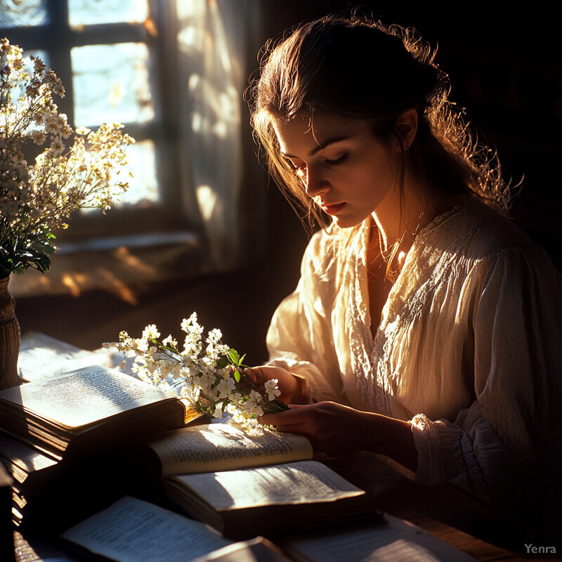 A woman sits at a table surrounded by books and flowers, engrossed in reading or writing.