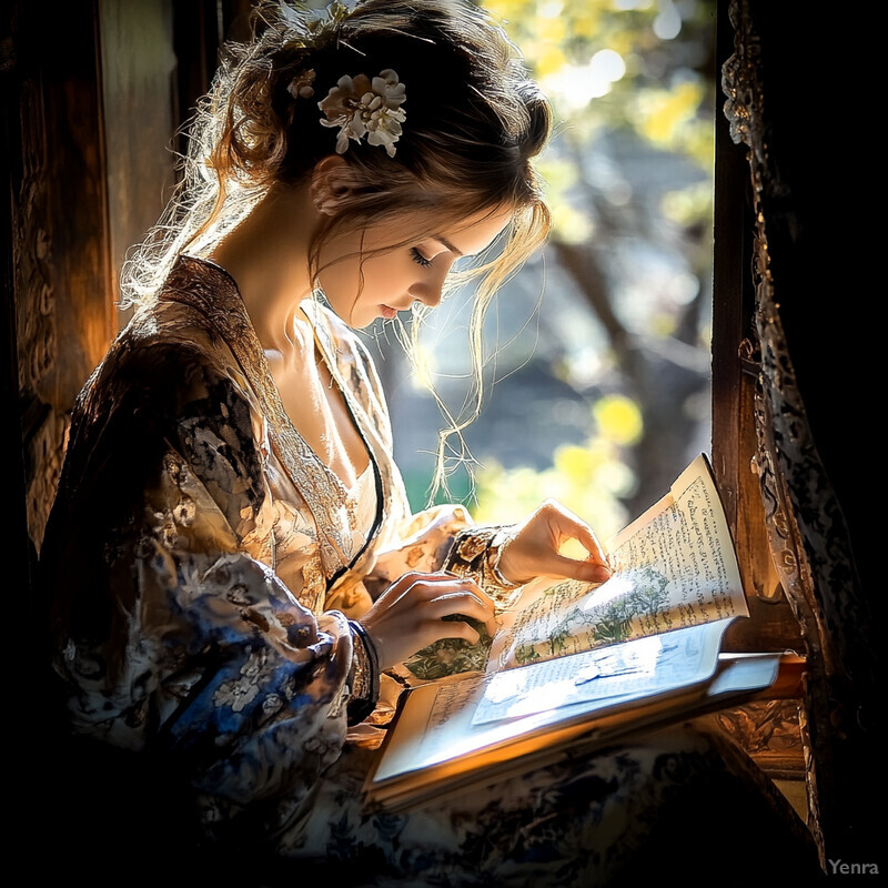 A young woman reading a book by a window