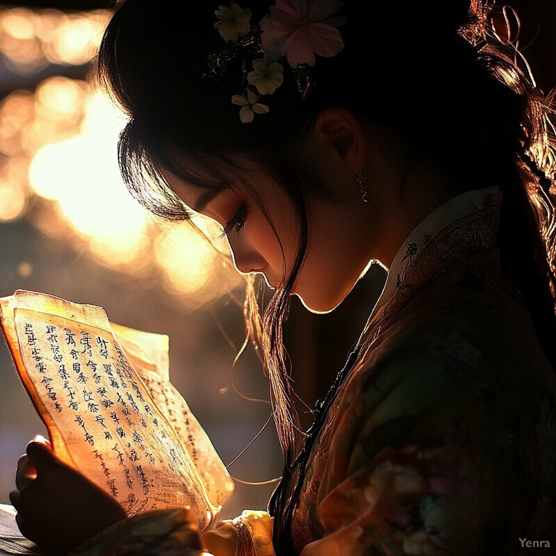 Woman reading an ancient Chinese character book