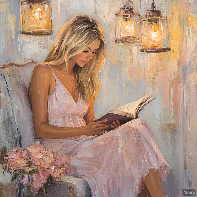 A woman in a light pink dress reads a book in a serene setting