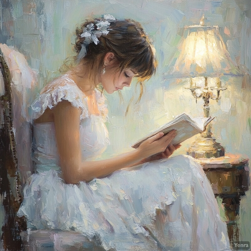 An oil painting of a young woman reading a book