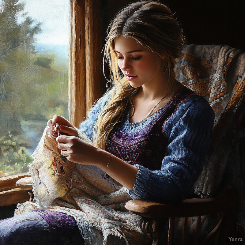 A woman sits by a window, engaged in needlework, surrounded by soft light and peaceful atmosphere.