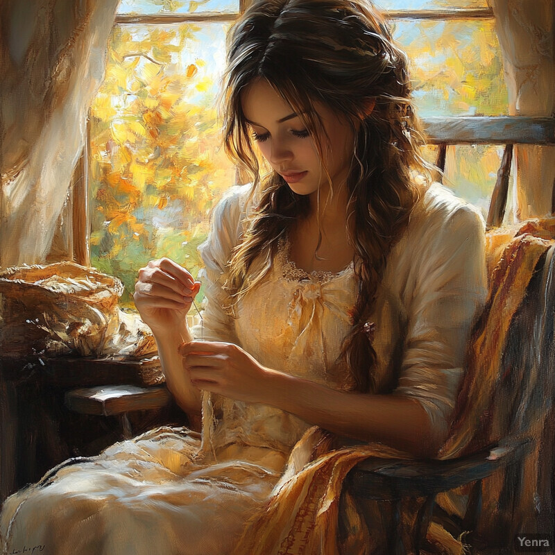 A woman sits by a window, engaged in needlework, surrounded by natural light and a serene atmosphere.