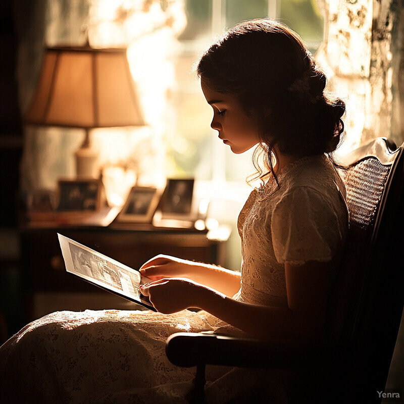 A young girl reading a book in a cozy living room or study area