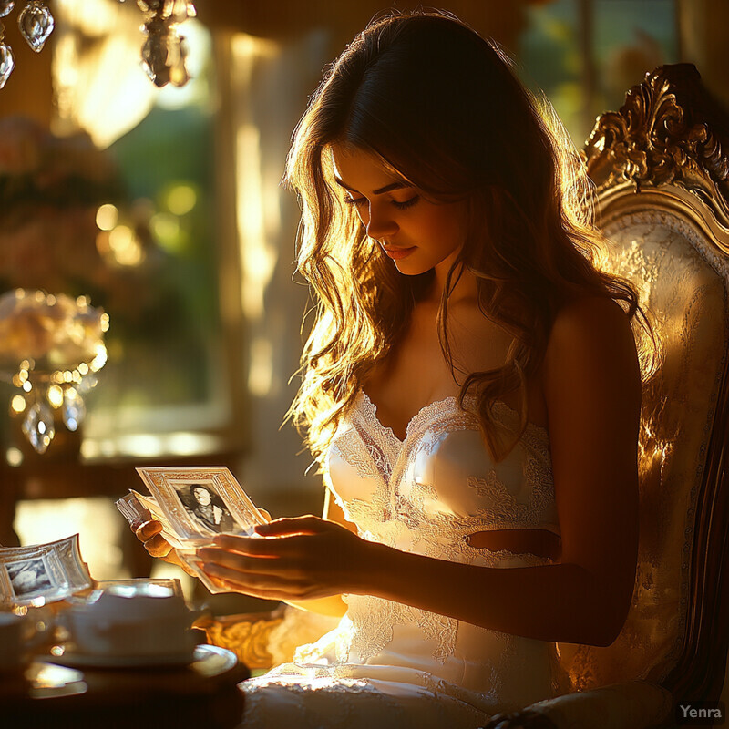 A woman sits in an ornate chair, gazing at photographs