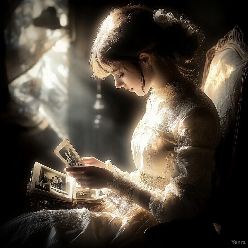 A young woman sits in a chair surrounded by soft lighting and an elegant atmosphere, reading from an open book with a small music box nearby.