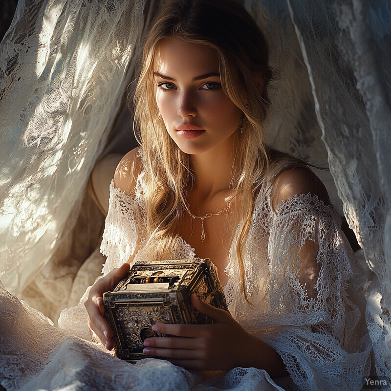 A young woman with blue eyes and blonde hair sits on a white couch or chair, cradling an ornate gold box.