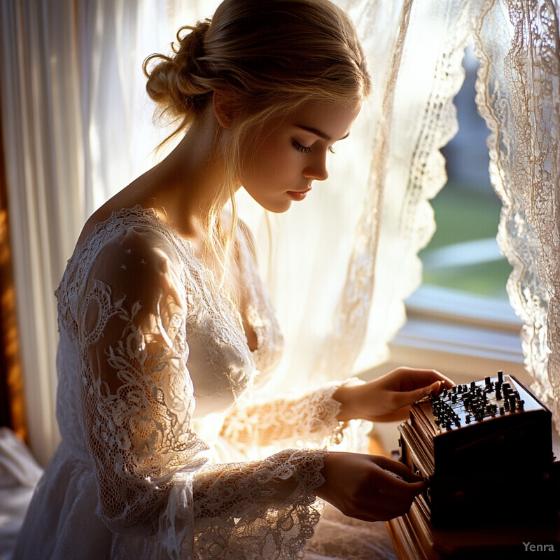 A young woman with blonde hair styled in an elegant updo, wearing a white lace dress, posing in front of a blurred background.