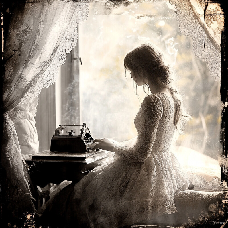 A woman sits by a window, typing on an antique typewriter in a vintage setting.