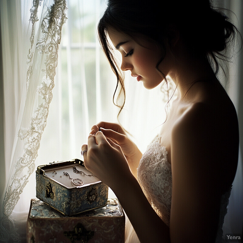 A woman admires jewelry boxes by a window