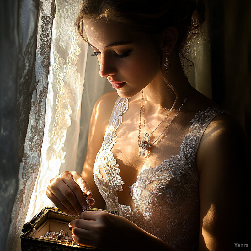 A woman in a white lace dress stands by a window surrounded by various objects on a table and shelf.