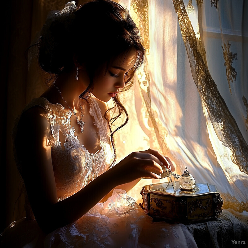 A woman sits by a window, surrounded by a soft glow, holding an ornate jewelry box.