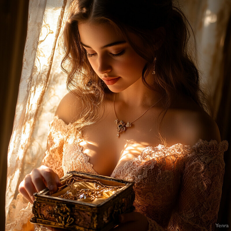 A young woman holding an ornate gold box