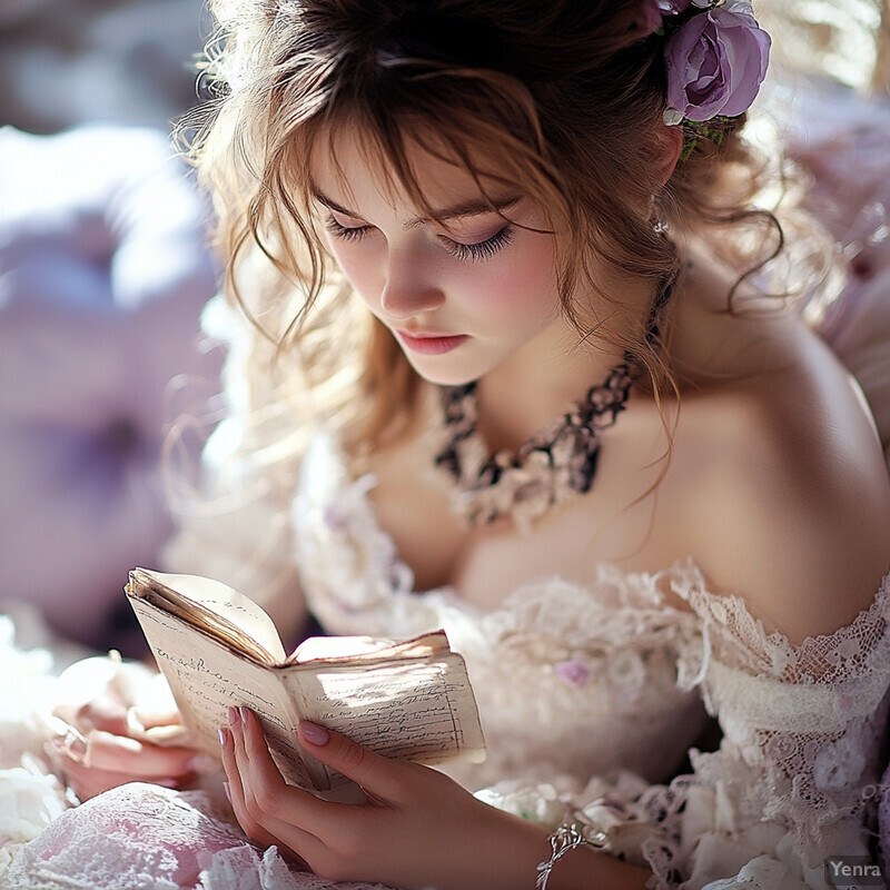 A woman in a vintage-inspired wedding gown holds an antique book with handwritten poetry.