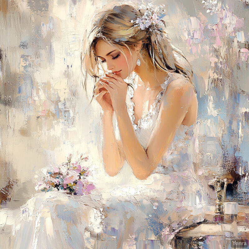 A woman in white sits at a table with flowers and a glass vase, exuding serenity and elegance.