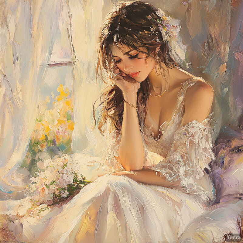 A serene and elegant scene of a woman in a white dress sitting by a window, surrounded by flowers.