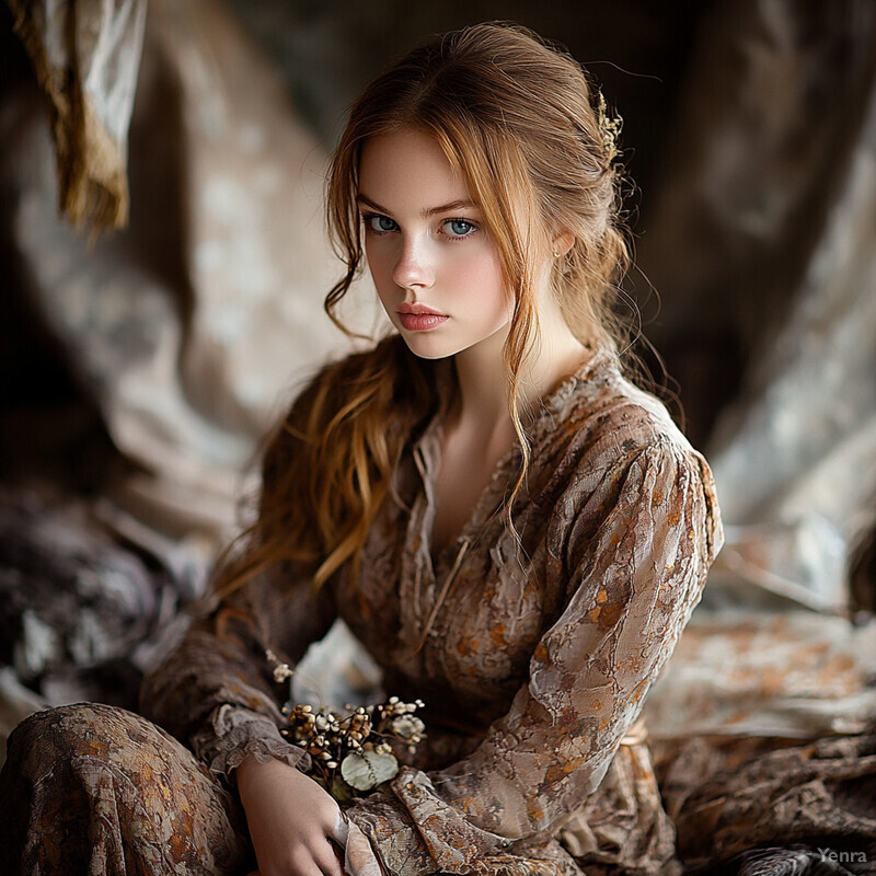 A serene portrait of a young woman with fair skin and long brown hair, dressed in a light-brown lace dress, sitting amidst greenery and holding a white flower bouquet.