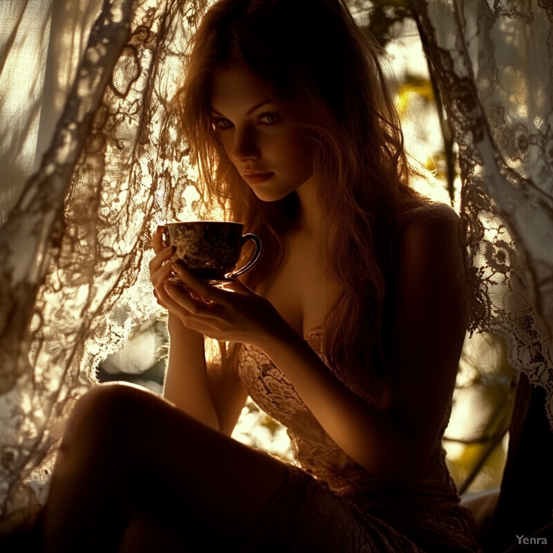 A woman savoring tea in a cozy setting