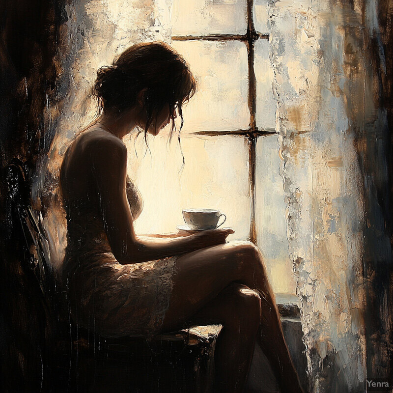 A woman sits by a window, lost in thought while holding a cup of coffee or tea.