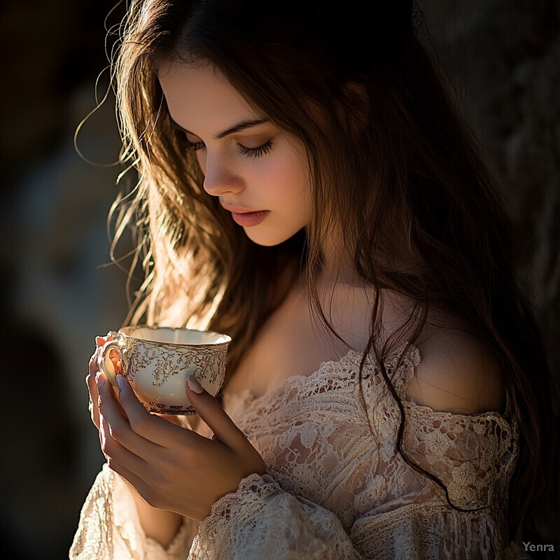 A young woman holds a teacup in her hands, dressed in an off-white lace dress.