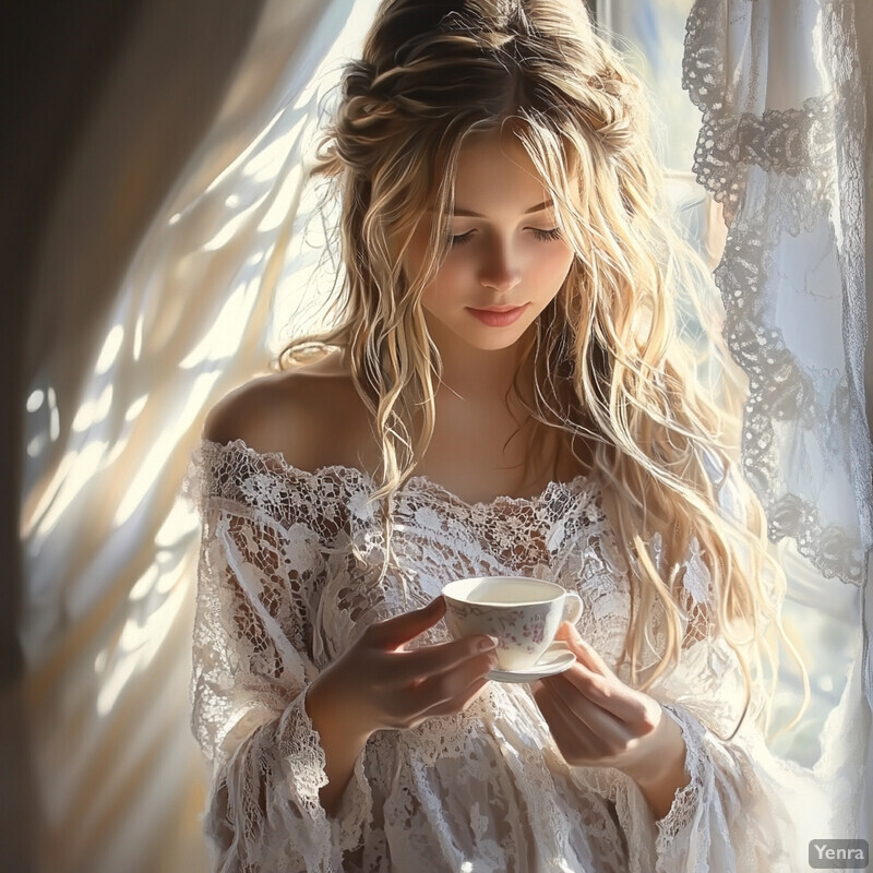 A young woman in a white lace dress holding a teacup, set against a blurred room background.