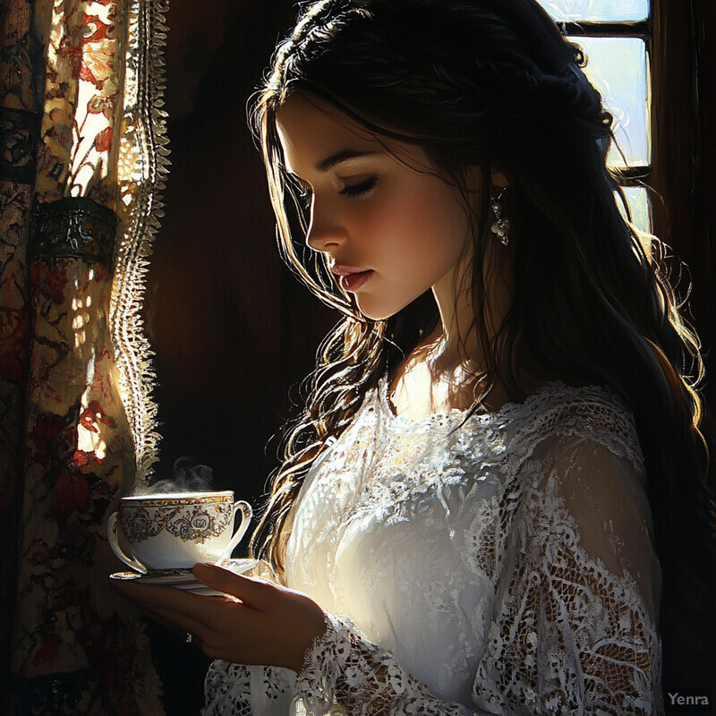 A woman stands by a window, holding a teacup and saucer, dressed in a white lace-trimmed dress, lost in thought.