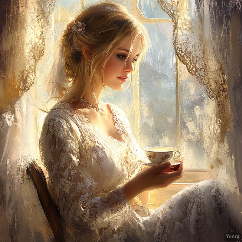 A young woman sits by a window, holding a teacup and gazing out with a gentle smile.