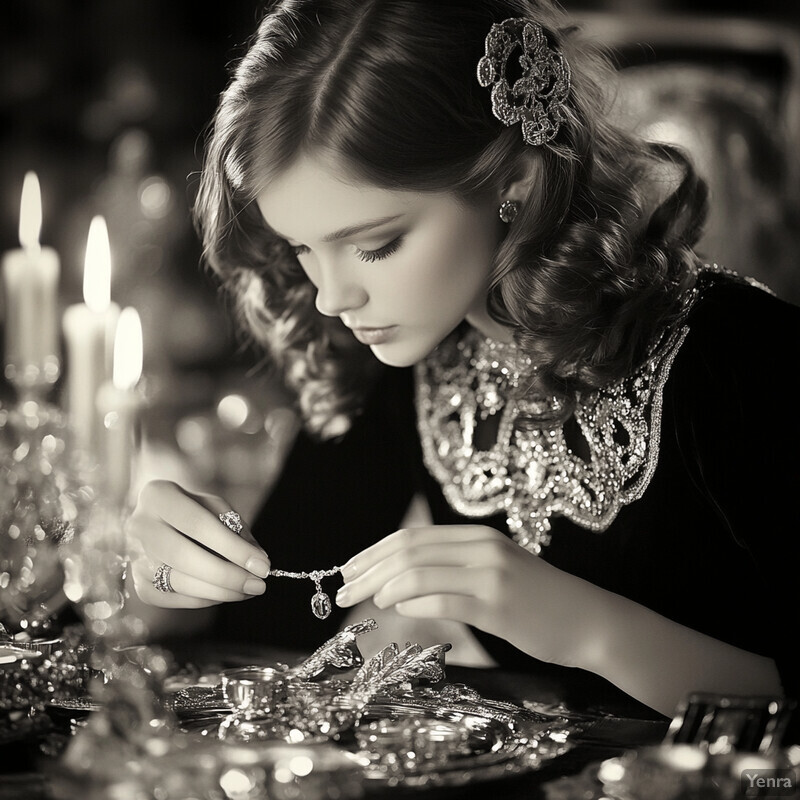 A young woman examines an antique silver necklace with a pendant featuring a large gemstone in a cozy, dimly lit room.