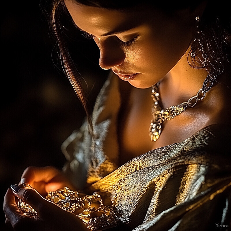 A woman holds a gold object, possibly jewelry or decor, wearing an intricately patterned dress.