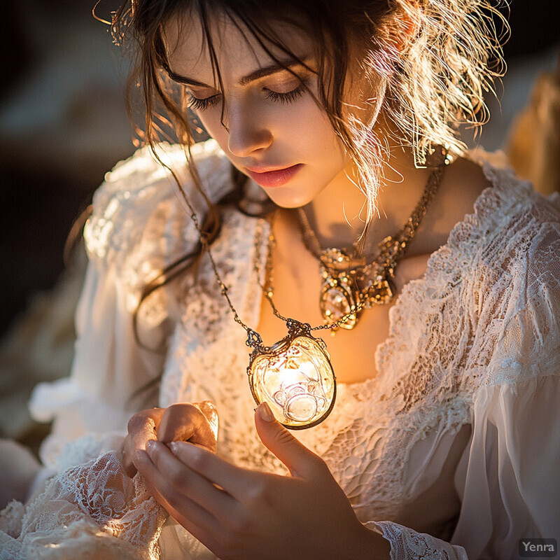 A young girl with long brown hair wears a white lace dress and gold necklace, holding a small glass or crystal object outside on a sunny day.