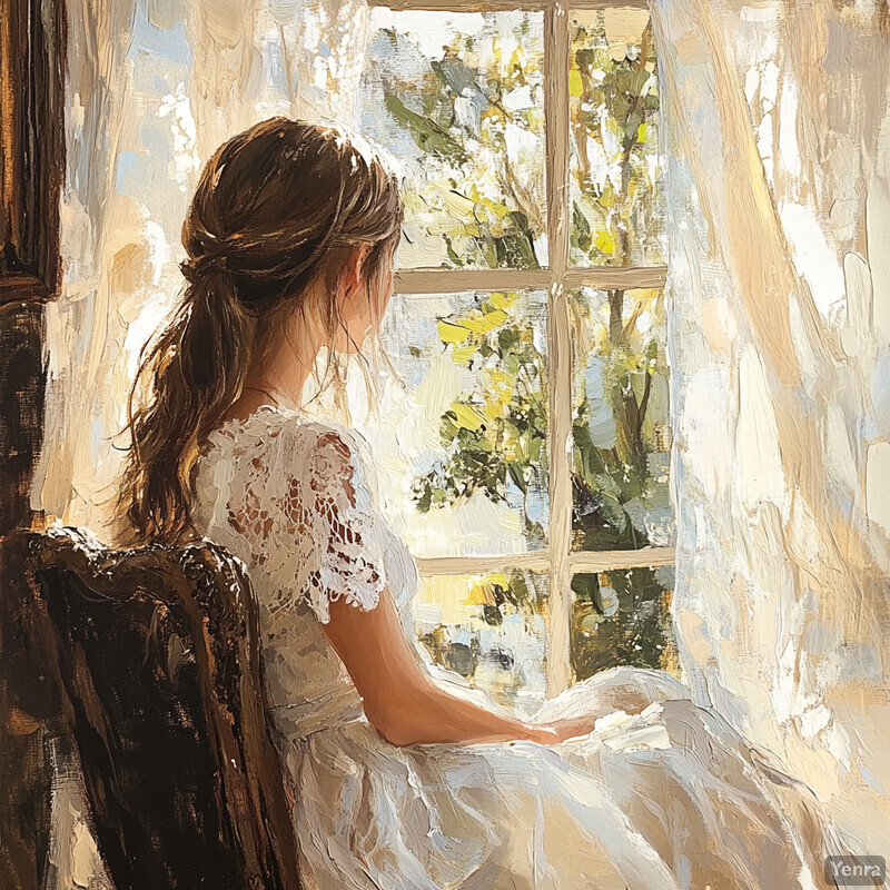 A woman sits in front of a window, gazing out at the lush greenery outside.