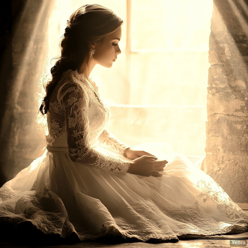 A woman sits on the floor in front of a window, exuding calmness and tranquility.