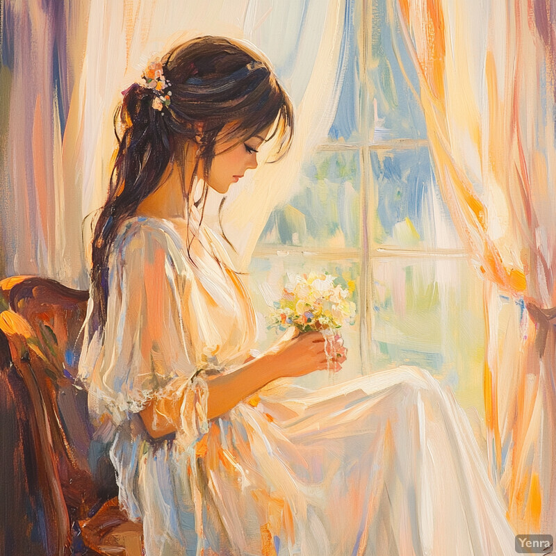 A woman sitting by a window, surrounded by lush greenery, holding a bouquet of flowers.