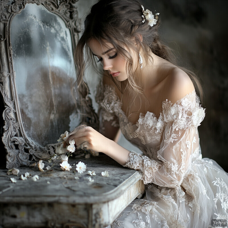 A woman in a white wedding dress sits at a table surrounded by flowers, exuding romance and serenity.