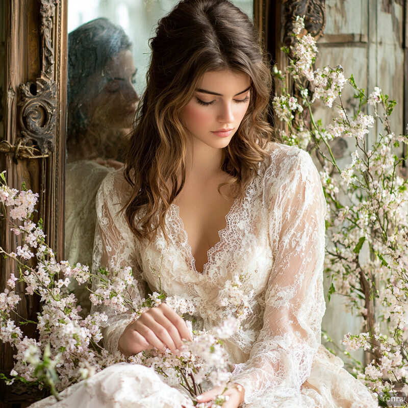 A young woman in a white lace dress sits on the floor surrounded by cherry blossoms, gazing at her reflection in an ornate mirror.