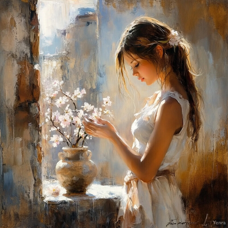 A woman in white stands by a window, gazing at flowers.