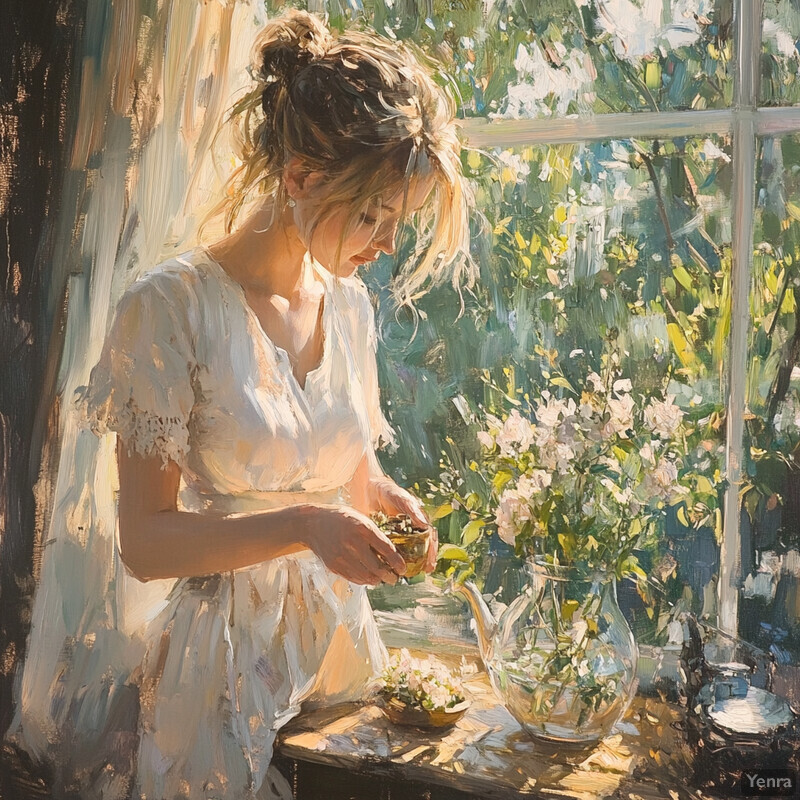 A woman in a white dress stands by a window, surrounded by natural beauty