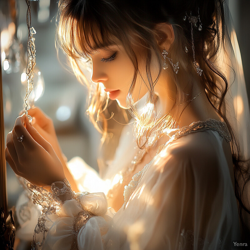 A young woman in a white dress holds an object made of glass or crystal, lost in thought as she gazes downward.