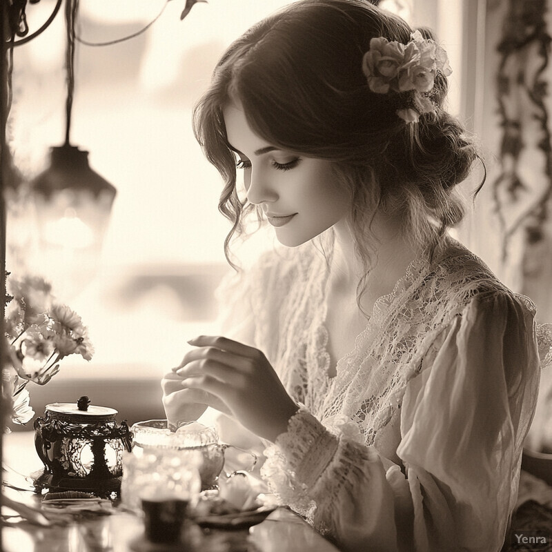 A serene and intimate scene of a woman sitting at a table surrounded by delicate objects.