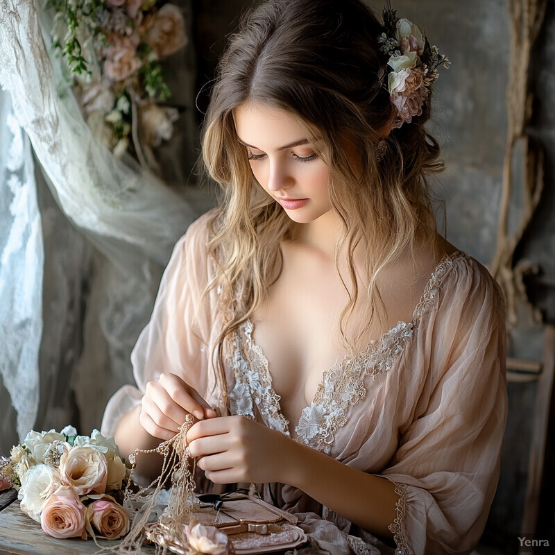 A young woman creates something using threads and needles at a table surrounded by various objects.