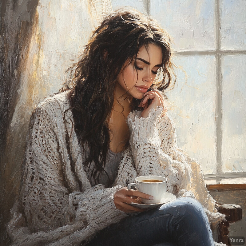 A woman sits by a window, sipping coffee and gazing out at the morning light.