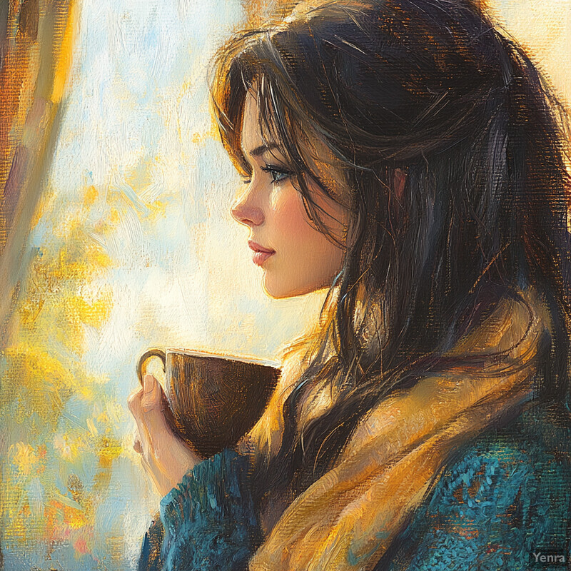 Oil painting of a woman holding a cup