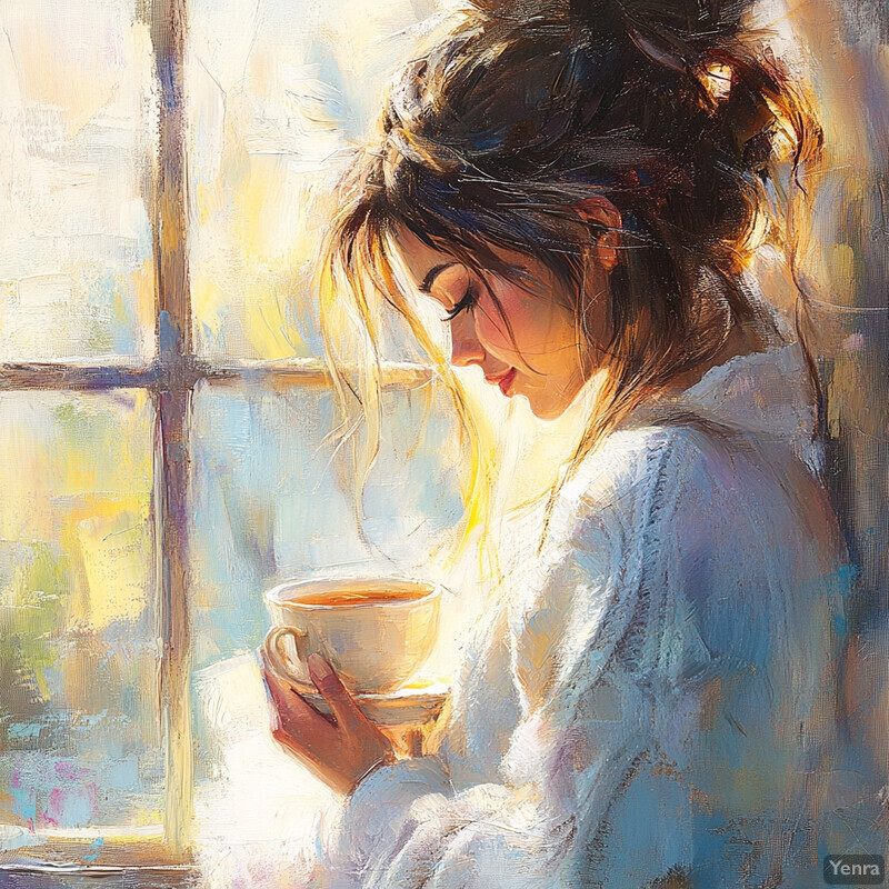 A serene scene of a woman sitting by a window with a cup of tea, lost in thought as she gazes out at the morning light.