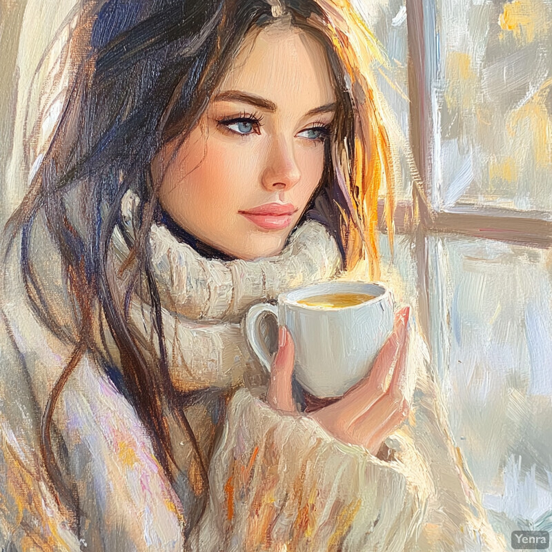 A woman sips coffee by a window, lost in thought.